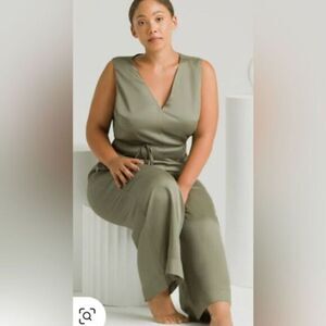 NWT Ettitude Women’s Sateen Jumpsuit V Neck Wide Legs - Moss Green - Size S